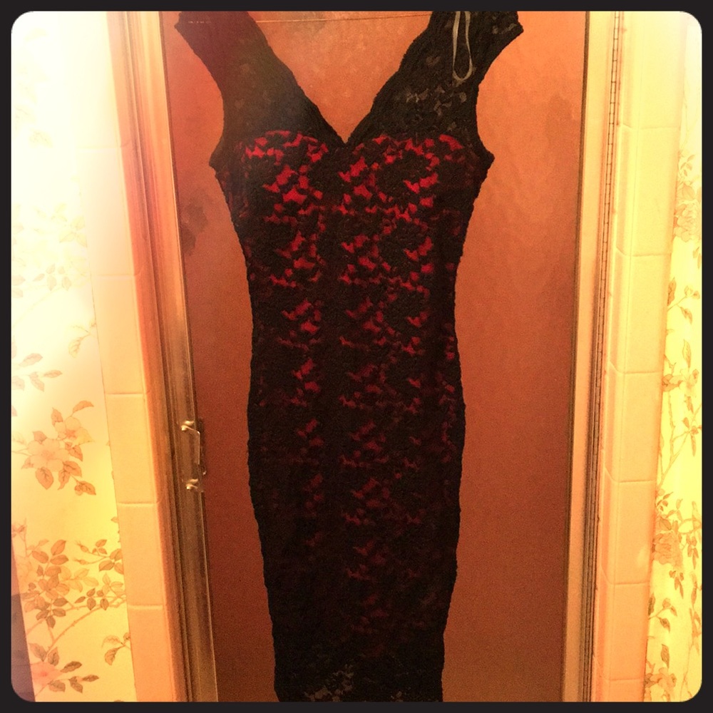 Red and black lace dress